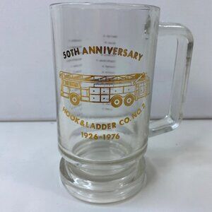 50th Anniversary Hook & Ladder Co No 2 1926-1976 Glass Beer Mug Firetruck Design